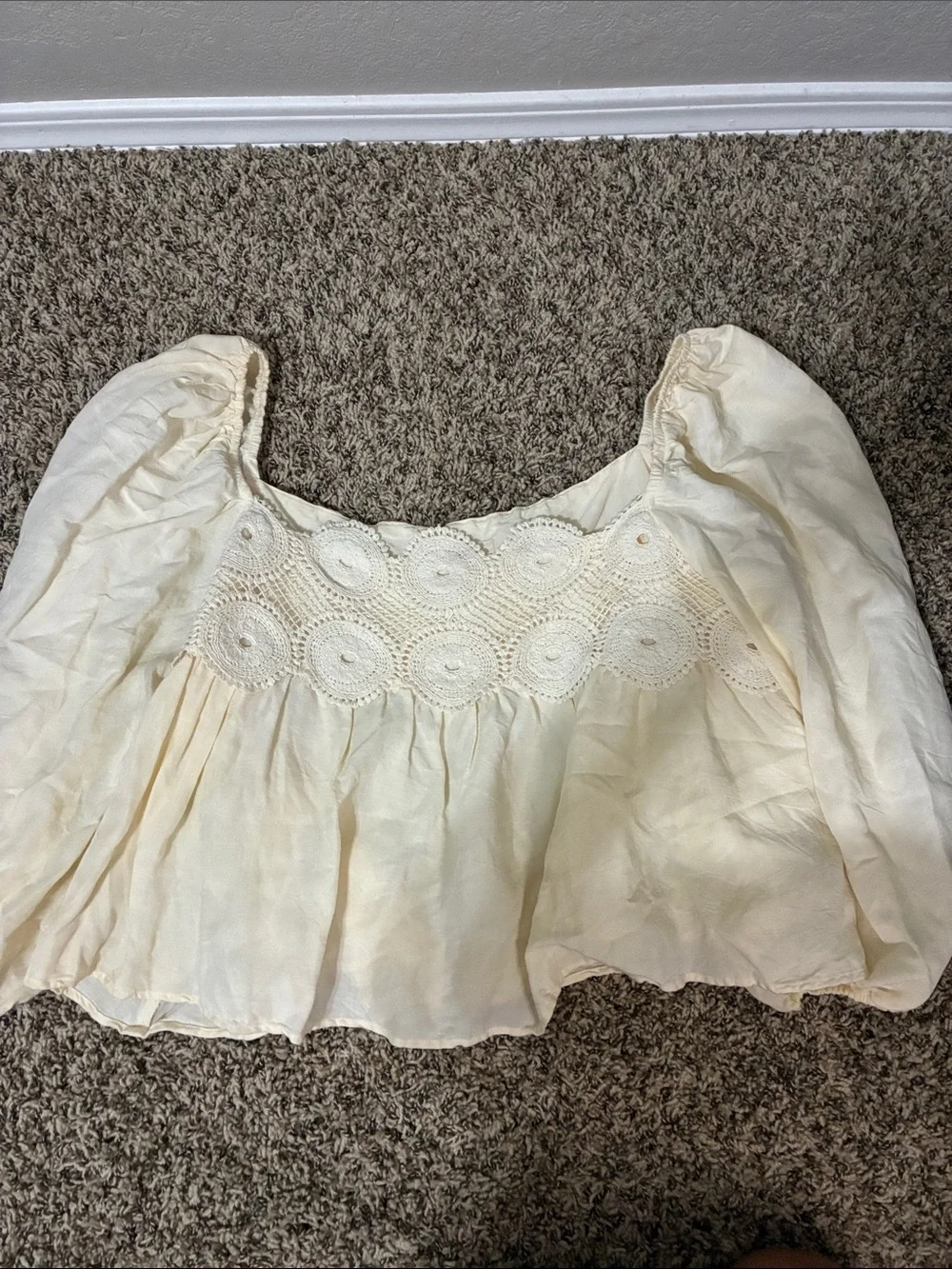 Anthropologie Cream Crochet Yoke Puff Sleeve Top